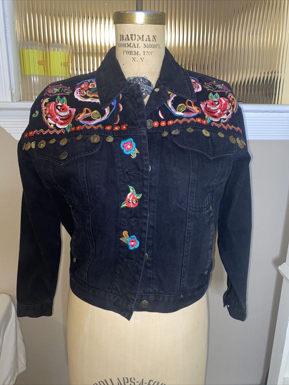 Carole Little Vintage Black Denim Embroidered Jacket Size 2